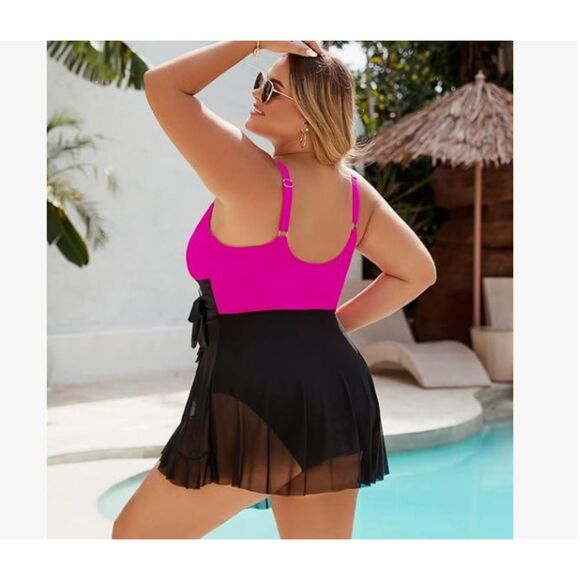 NEW BMJL Swim Dress XXL Pink Black Sheer Skirt Adjustable Straps New with Tags - Picture 2 of 6